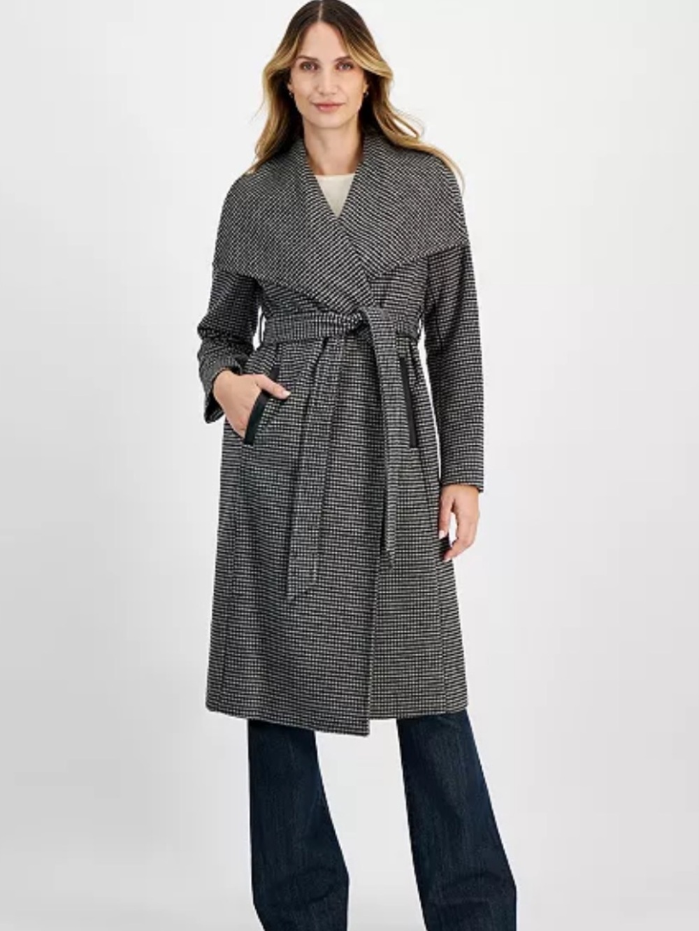 Michael Kors Black and White Houndstooth Wrap Belted Coat Suze-XXL NWOT